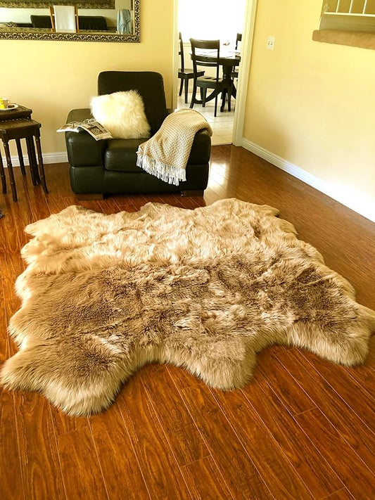 Free Shape Luxury Soft Fluffy Shag Area Rug Sexto 6 Pelts 6'x6',180x180 cm - Vegan Fur Ultra Soft Indoor Carpet Nursery Rugs for Bedroom Home Decor, Camel
