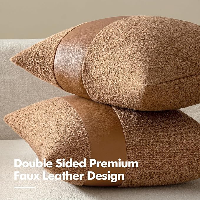 MIULEE Boucle Throw Pillow Covers 22x22 Inch Set of 2 Brown Faux Leather Textured Decorative Pillow Cases Boho Farmhouse Accents Cushion Covers for Couch Bed Livingroom Home Decor