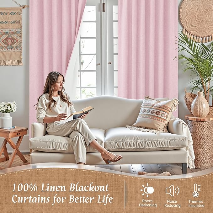 LAMIT Linen Full Blackout Window Curtains for Bedroom, 54 Inches Thermal Farmhouse Curtains Back Tab and Rod Pocket Privacy Protected Burlap Panels with White Liner, 2 Panels, 38 x 54 Inch, Pink
