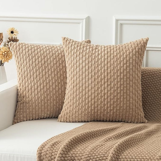 Kevin Textile 2 Packs Tan Decorative Throw Pillow Covers 22x22 Inch for Living Room Couch Bed Sofa Soft Striped Corduroy Square Cushion Case 55x55 cm Rustic Farmhouse Boho Home Decor
