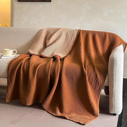 FALUCA Cotton Muslin Reversible Blanket Twin Size for Bed, Couch, Four Layers Blanket, Soft Lightweight Cozy Breathable Farmhouse Decoration for All-Season, Camel