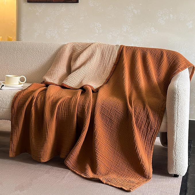 FALUCA Cotton Muslin Reversible Blanket Queen Size for Bed, Couch, Four Layers Blanket, Soft Lightweight Cozy Breathable Farmhouse Decoration for All-Season, Camel