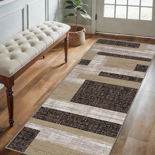 Modern Geometric Patchwork Long Hallway Rug Runners, 1.3x7ft, Neutral Brown Geometry Aesthetic Entrance Carpet, Absorbent Washable Foldable No Crease High Traffic Mat for Laundryroom
