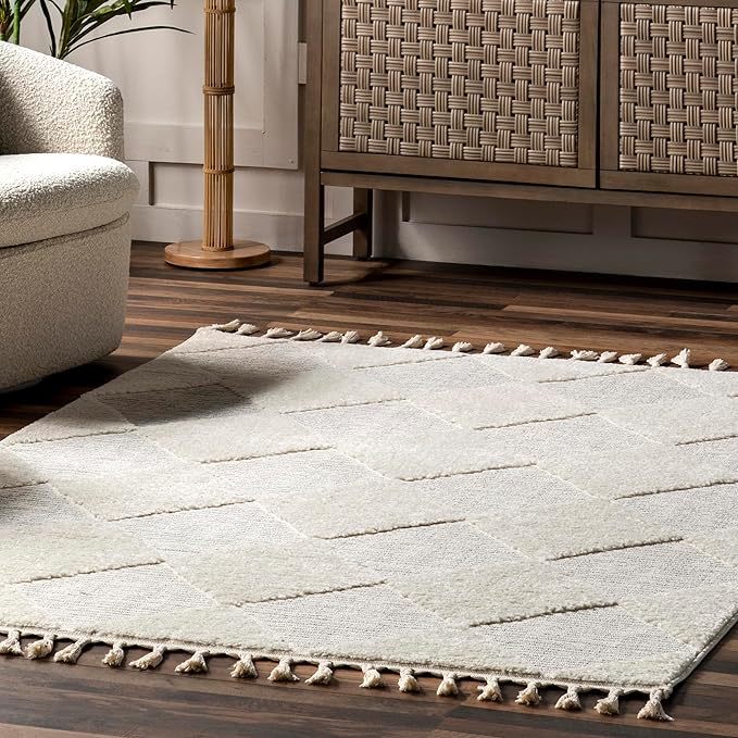 Nuloom Marissa Off-White/Grey, 10' x 14', Diamond, Tassel, Soft and Cozy, High Traffic, Stain Resistant, Easy Clean, Durable Area Rug for Bedroom, Living Room, Dining Space, Den, Foyer, Entryway