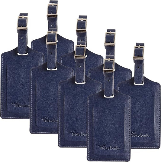 Travelambo 8 Pack Luggage Tags Faux Leather for Suitcases Travel Bag Labels Travel Accessories Essential with Protection Cover ID (Deep Blue)
