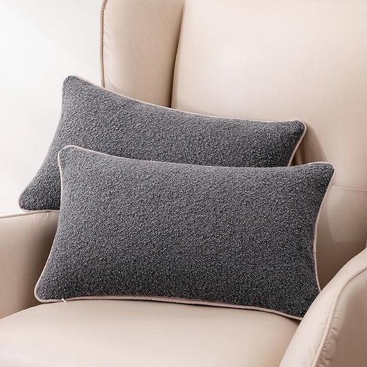 Amazon Basics Boucle Lumbar Throw Pillow Covers for Couch, Living Room, Home Decor with Hidden Zipper, Grey, 12×20in, Pack of 2