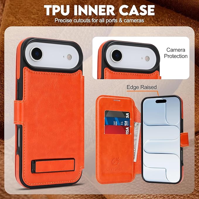 CIVICASE for iPhone Air Wallet Case with Stand,PU Leather Flip Credit Card Holder Slots (RFID Blocking),Compatible with Magsafe Magnetic Holder Phone Cover Women Men,Orange