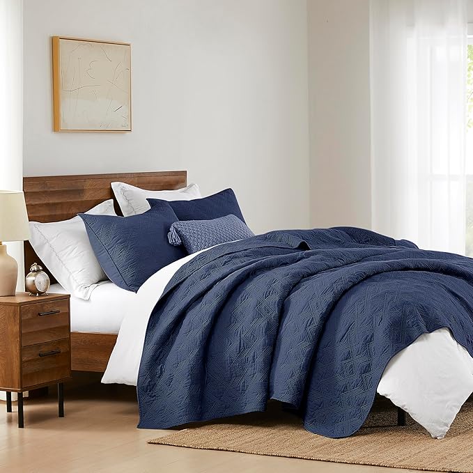 WDCOZY 100% Cotton King Size Quilt Set - Navy Blue Pre-Washed Soft Lightweight Modern Bedspread, Farmhouse Country Rustic Coverlet, Textured Like Linen, Shabby Chic Gauze Bedding, 3 Pieces
