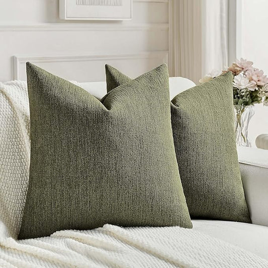 FUTEI Moss Green Chenille Decorative Throw Pillow Covers 18x18 Inch Set of 2,Soft Cozy Faux Linen Textured Cushion Case,Farmhouse Home Decor for Couch Living Room