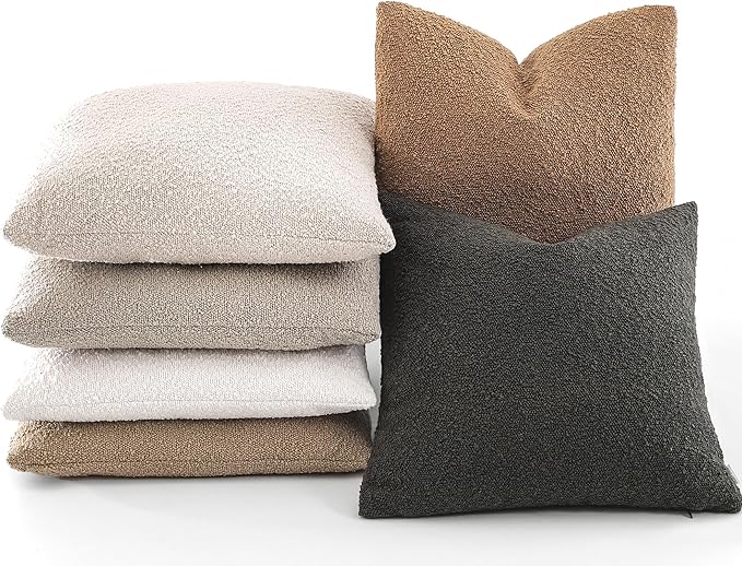 Boucle Decorative Throw Pillow Covers for Couch Set of 2, 18x18 inches, Dark Coffee