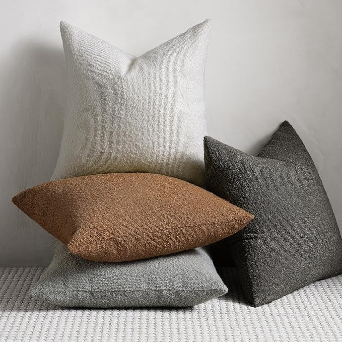 Throw Pillow Covers 18 x 18 Inch Set of 2, Accent Soft Boucle Textured Pillow Cover, Decorative Solid Color Cozy Cushion Pillow Case for Couch Bedroom Sofa Living Room Home Decor, Light Gray