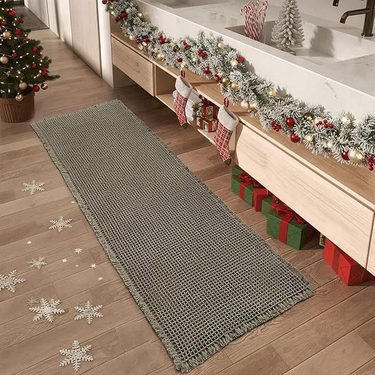AMOAMI Upgraded Waffle Runner Rug, Super Absorbent Non Slip Bath Mats for Bathroom Floor, Machine Washable Bathroom Runner Rug with Tassels, Ideal for Hallway Bedroom Laundry Room, Green, 2'x 4'
