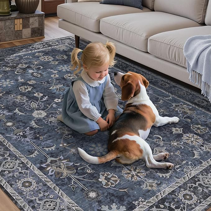 Tangsoo 4x6 Washable Area Rugs Non Slip, Boho Distressed Vintage Blue Floral Throw Rug for Bedroom Nursery, Soft Low Pile Floor Carpet Indoor Mat for Entrance Bedside Kitchen Office Farmhouse Bathroom