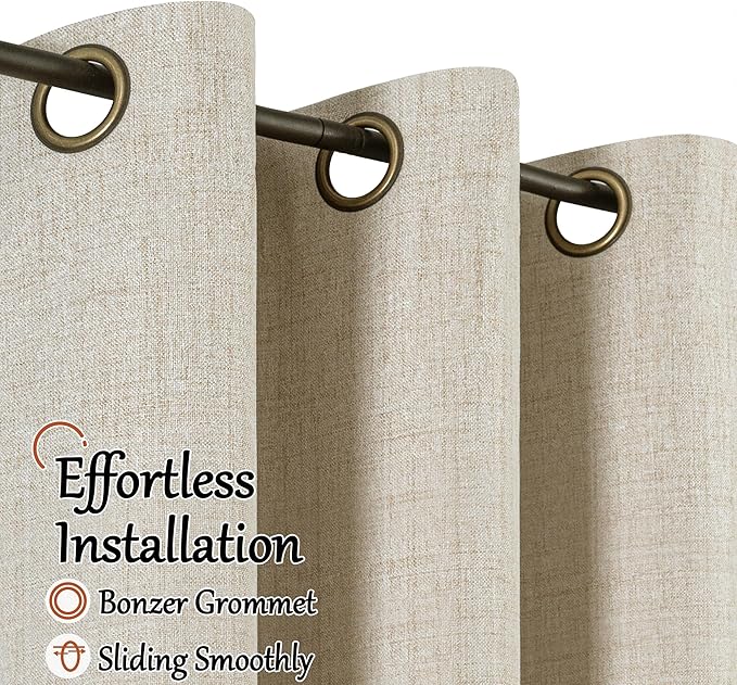 Lajode Beige 100% Blackout Curtains for Living Room 95 Inch Length 2 Panels Set, Thermal Insulated Light Blocking Faux Linen Curtains for Bedroom, Bronze Grommet Boho Window Drape Each 52" Wide