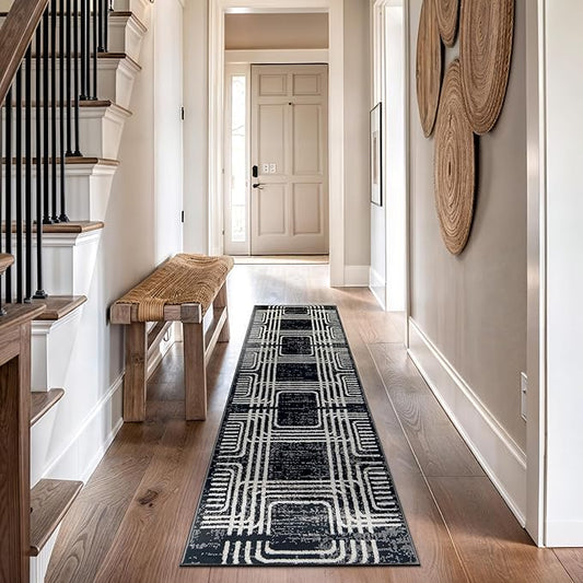 Rugshop Black and White Geometric Area Rug – Abstract Curved Line and Square Pattern Carpet for Living Room, Bedroom, or Office – Contemporary Soft Floor Décor 2' 3" x 8' Runner Black