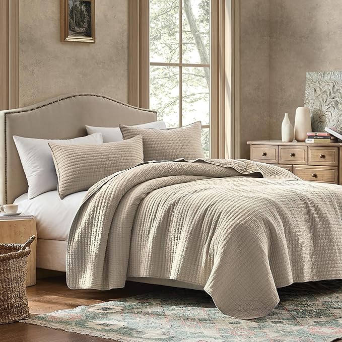 WDCOZY 100% Cotton Twin Size Quilt Set - Beige Neutral Striped Pick Stitch Soft Lightweight Bedspread, Textured Like Linen, Farmhouse Country Rustic Coverlet, Shabby Chic Gauze Bedding, 2 Pieces