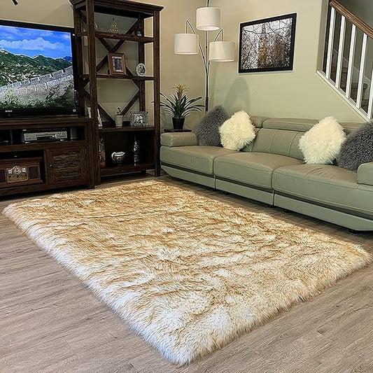 LAMBZY High Pile Super Soft Faux Sheepskin Rug (4'x6', White/Brown Tips)