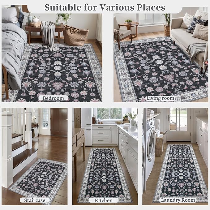 Tangsoo Floral Area Rug 6x9 Machine Washable Rug Non-Slip Vintage Distressed Boho Print, Low Pile Carpet for Living Room, Bedroom, Dining Room, Pet & Child Friendly (Black Red)