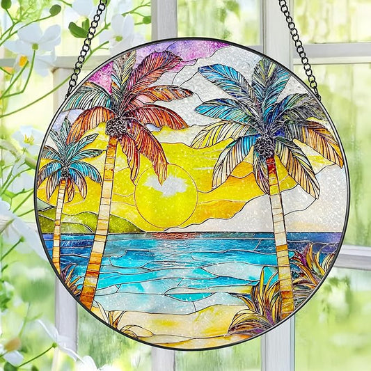 Stained Glass Window Hanging, 8 Inch Beach Sunset Stained Glass Suncatcher, Window Hanging Decor, Beach Lover Home Decor, Seabeach Sunrise Suncatcher, Gift for Mom Grandma