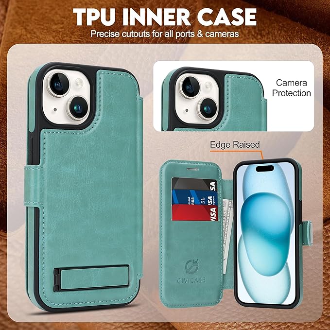 CIVICASE for iPhone 15 Wallet Case with Stand,PU Leather Flip Credit Card Holder Slots (RFID Blocking),Compatible with Magsafe Magnetic Holder Phone Cover Women Men, Green