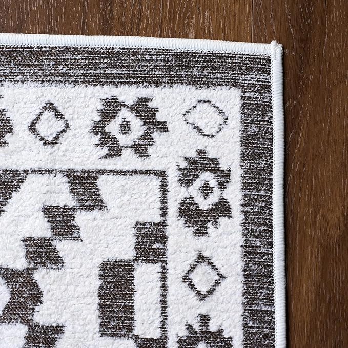 Moroccan Washable Entryway Rug 2x3, Geometric Decorative Woven Area Rug, Non-Slip Boho Accent Soft Low-Pile Indoor Door Mat, Small Throw Rug for Bathroom Front Porch, Dark Brown/White