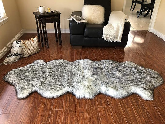 Free Shape Luxury Soft Fluffy Shag Area Rug Double 2'x6', 60x180cm - Vegan Fur Ultra Soft Indoor Carpet Nursery Rugs for Bedroom Home Decor, White/Black Tips