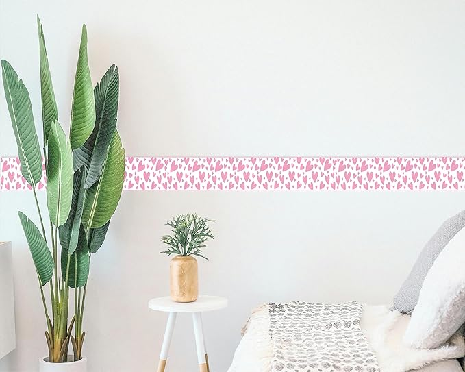 FLFK Pink Heart Wallpaper Border - Peel and Stick Wall Paper, Self Adhesive Removable PVC Borders Sticker, Modern Waterproof Trim for Home Decor, 6" x 240"