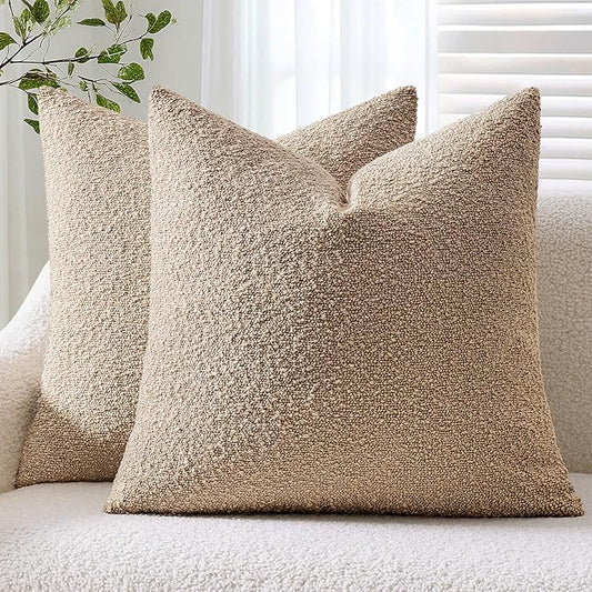 ANRODUO Pack of 2 Textured Boucle Throw Pillow Covers Soft Camel Decorative Accent Solid Pillow Cases Cozy Modern Couch Cushion Case for Chair Sofa Bedroom Living Room Home Decor, 18 x 18 Inch