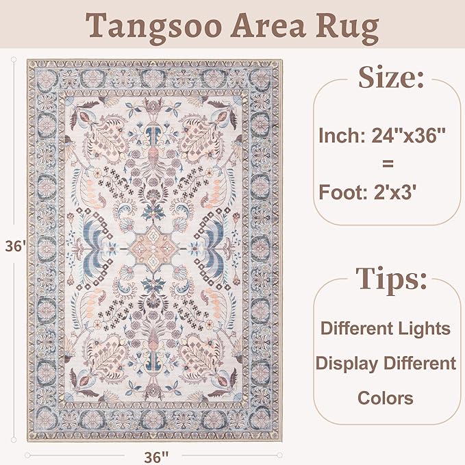 Tangsoo 2x3 Small Rug for Entryway, Washable Area Entry Rug Non Slip, Neutral Low Pile Soft Area Rugs, Indoor Front Door Boho Floral Throw Rugs for Entrance Kitchen Bedroom Bathroom Home Decor