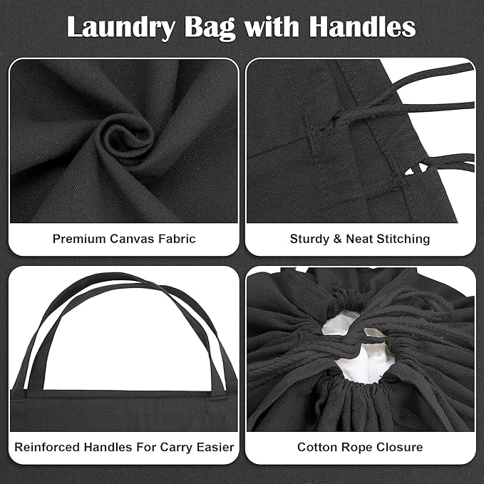 Canvas Laundry Bag 40in x 35in, Thick Cotton Laundry Bag with Handles & Drawstring, Extra Large Heavy Duty Washable Canvas Storage Sack (XXL, Black)