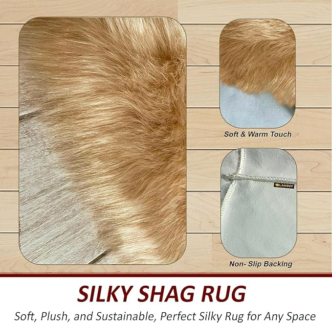 Free Shape Luxury Soft Fluffy Shag Area Rug Triple Side by Side 3'x6', 90x180cm - Vegan Fur Ultra Soft Indoor Carpet Nursery Rugs for Bedroom Home Decor, Camel