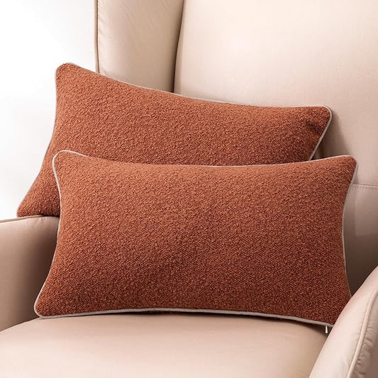 Amazon Basics Boucle Lumbar Throw Pillow Covers for Couch, Living Room, Home Decor with Hidden Zipper, Brown, 12×20in, Pack of 2