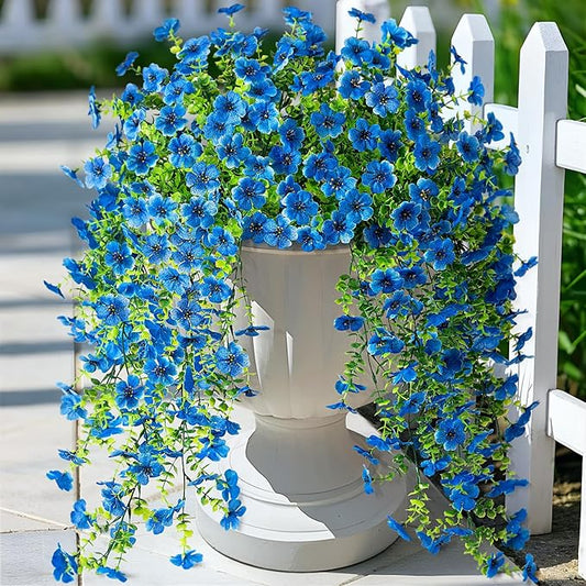 Artificial Hanging Flowers for Outdoors Faux Plants Spring Summer Decoration, 2 Pack Silk Colorful Daisy Realistic Fake Outdoor Flowers UV Resistant Porch Patio Window Yard Decor(Blue)