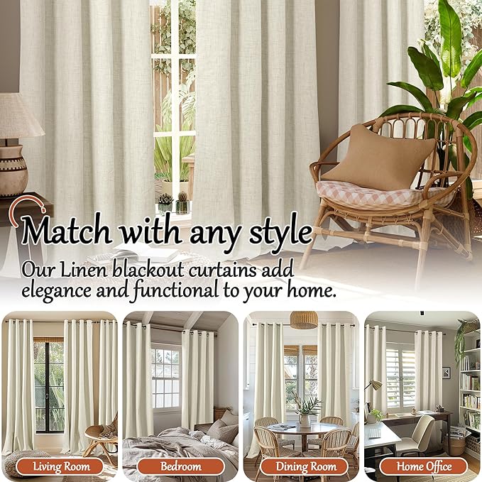 Lajode 100% Blackout Curtains 96 Inches Long for Living Room 2 Panels Set, Textured Floor Length 95 Inch Thermal Insulated Faux Linen Bronze Grommet Boho Window Drapes, Each 52" Wide, Natural