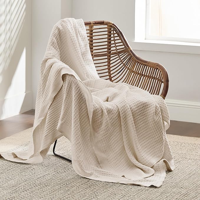 Bedsure Gentlesoft 100% Cotton Blanket Twin XL Size for College Dorm - Breathable and Soft, Waffle Weave Twin Blanket for Summer, Dorm Room Essentials, Light Beige, 66x90 inches