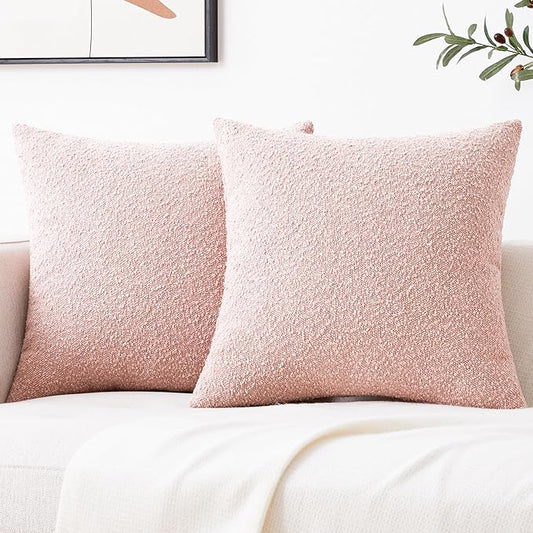 Mixhug Decorative Boucle Throw Pillow Covers, Pink, 18 x 18 Inches, Pack of 2 - Textured Boho Pillow Covers for Couch and Bed