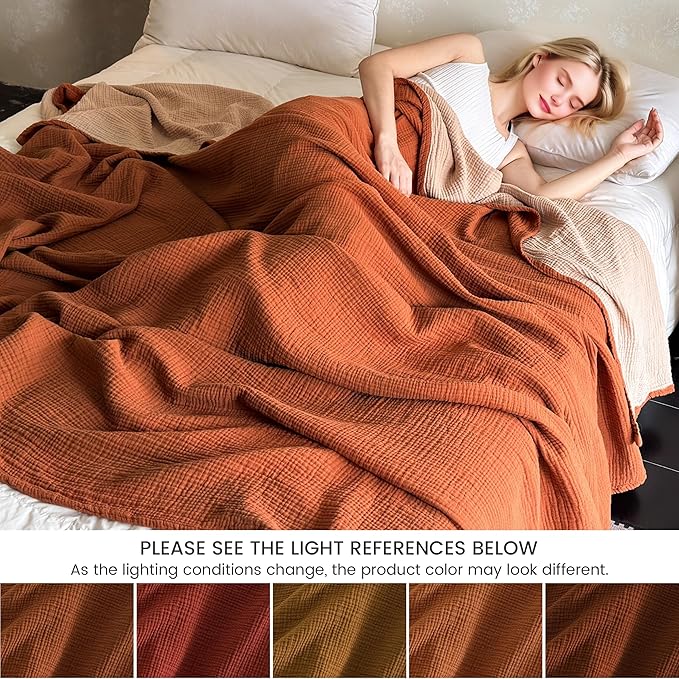 FALUCA Cotton Muslin Reversible Blanket 50x60 Inches for Bed, Couch, Four Layers Blanket, Soft Lightweight Cozy Breathable Farmhouse Decoration for All-Season, Camel