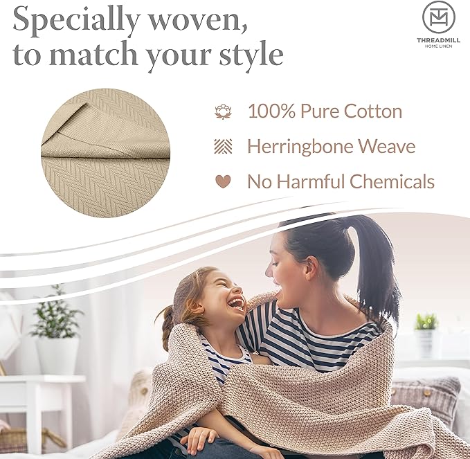 Threadmill Luxury Cotton Blankets for Twin Size Bed | All-Season 100% Cotton Twin Blanket for Bed | Herringbone, Soft & Cozy Fall Thermal Blanket, 350GSM, 68x92 inches | Beige