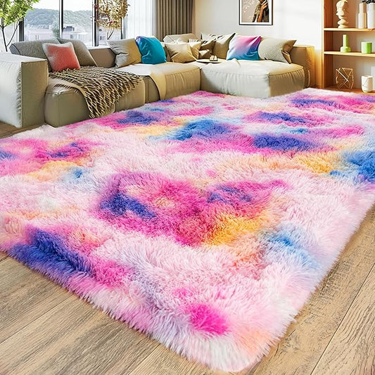 8x10 Large Area Rugs for Living Room, Ultra Fluffy Shag Rug for Bedroom, Modern Plush Soft Carpet for Girls Boys Kids Room Dorm Fuzzy Non Slip Rug for Home Decor Aesthetic, Dark Rainbow