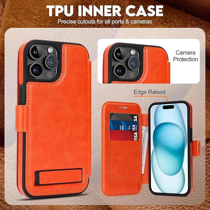 CIVICASE for iPhone 13 Pro Max Wallet Case with Stand,PU Leather Flip Credit Card Holder Slots (RFID Blocking),Compatible with Magsafe Magnetic Holder Phone Cover Women Men,Orange