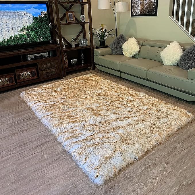 LAMBZY High Pile Super Soft Faux Sheepskin Rug (12'x15, White/Brown Tips)