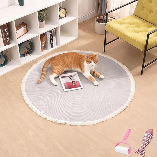 Cotton Rope Area Rug for Cats, Cat Scratching Rug, Washable Round Vintage Reversible Woven Tassel Rug, Soft and Stylish Home Accent, Easy Clean, Multiple Sizes (Gray, 18" (45cm))
