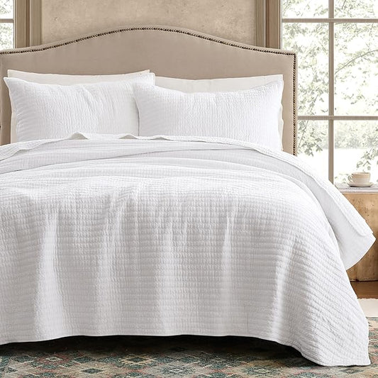 WDCOZY 100% Cotton Queen Size Quilt Set - White Striped Pick Stitch Soft Lightweight Bedspread, Textured Like Linen, Farmhouse Country Rustic Coverlet, Shabby Chic Gauze Bedding, 3 Pieces