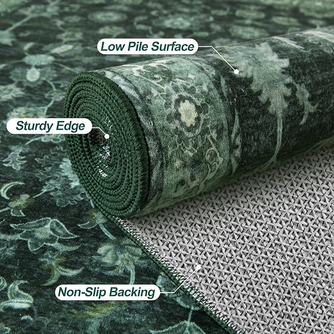 Tangsoo Green 2x5 Runner Rug Non Slip Washable for Kitchen Bathroom, Vintage Floral Boho Rug Runner for Hallway Entryway, Low Pile Carpet Door Mat Indoor Entrance for Bedroom Laundry Pet&Kids Friendly