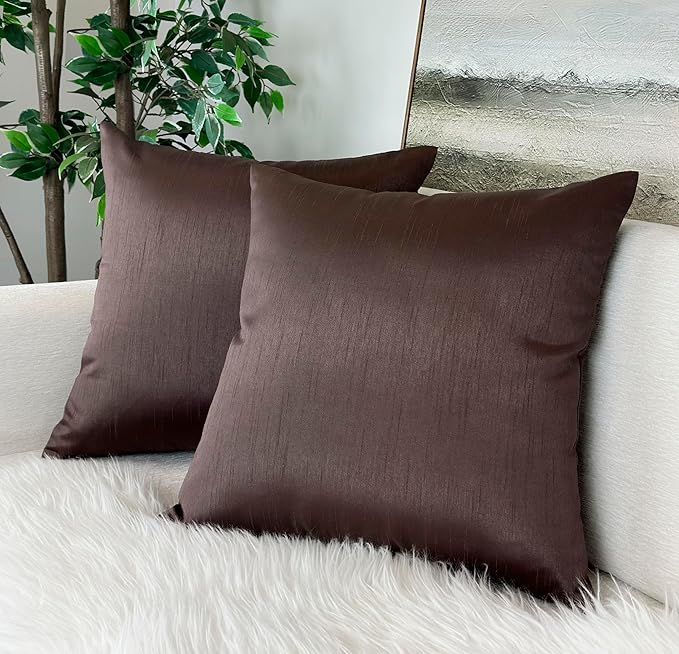 Aiking Home Collection 26x26 Inches Faux Silk Square European Shams, Zipper Closure, Brown (Set of 2)