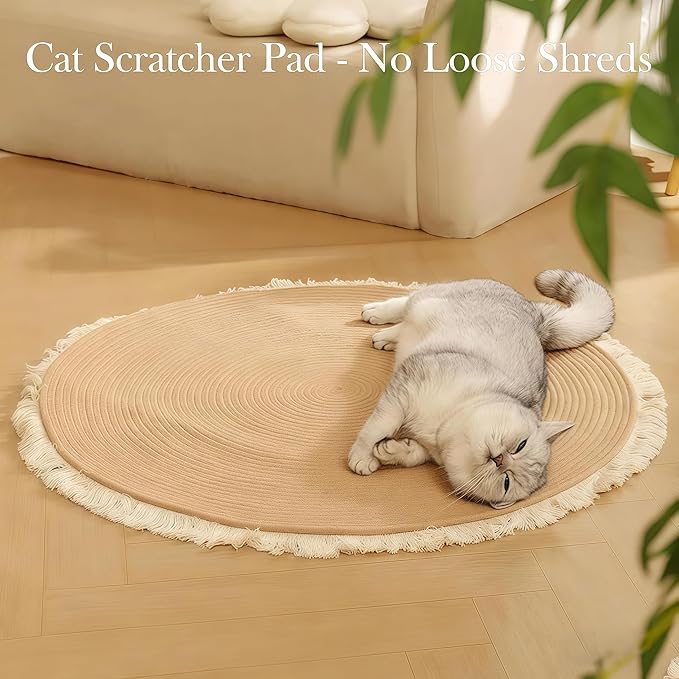Cotton Rope Area Rug for Cats, Cat Scratching Rug, Washable Round Vintage Reversible Woven Tassel Rug, Soft and Stylish Home Accent, Easy Clean, Multiple Sizes (Off-White, 24" (60cm))