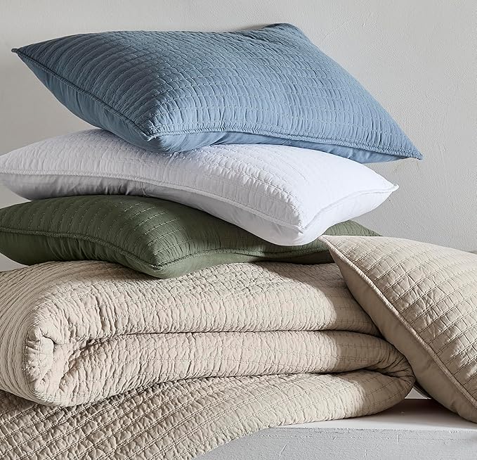 WDCOZY 100% Cotton Queen Size Quilt Set - Olive Green Striped Pick Stitch Soft Lightweight Bedspread, Textured Like Linen, Farmhouse Country Rustic Coverlet, Shabby Chic Gauze Bedding, 3 Pieces