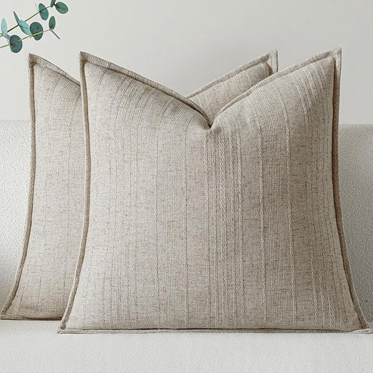 a moment Linen Pillow Covers Set of 2,Boho Farmhouse Throw Pillowcases Neutral Textured Decorative Covers for Couch Sofa Bed, Soft Linen Blend Accent Case Cushion Living Room Home Decor 18"x18"Khaki