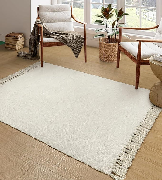 Collive 4x6 Small Area Rug for Living Room, White/Beige Woven Cotton Bedroom Carpets Modern Comfy Indoor Nursery Rug Farmhouse Accent Carpet for Dining Room, Bedside, Office, Patio Decor