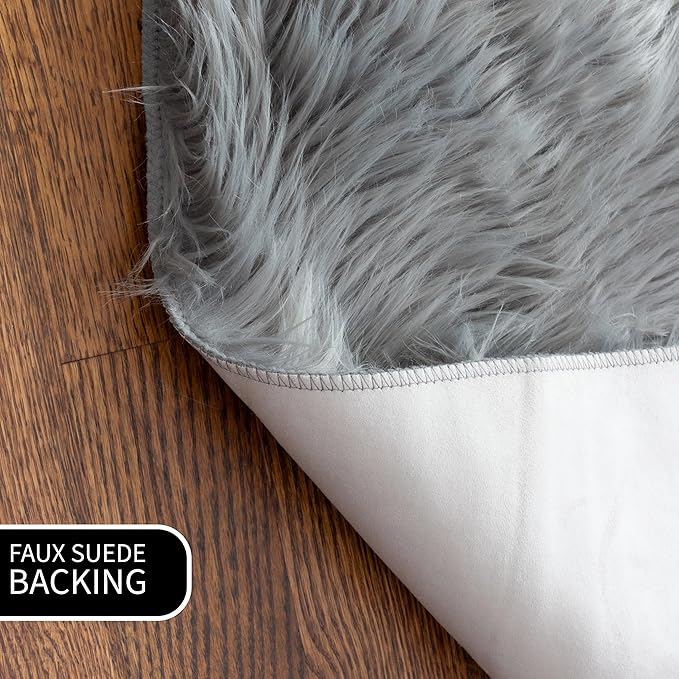 4 x 6 ft Fluffy Gray Rug – Cozy Faux Fur Rug for Bedroom, Living Room, or Nursery – Soft Faux Sheepskin Decor Accent